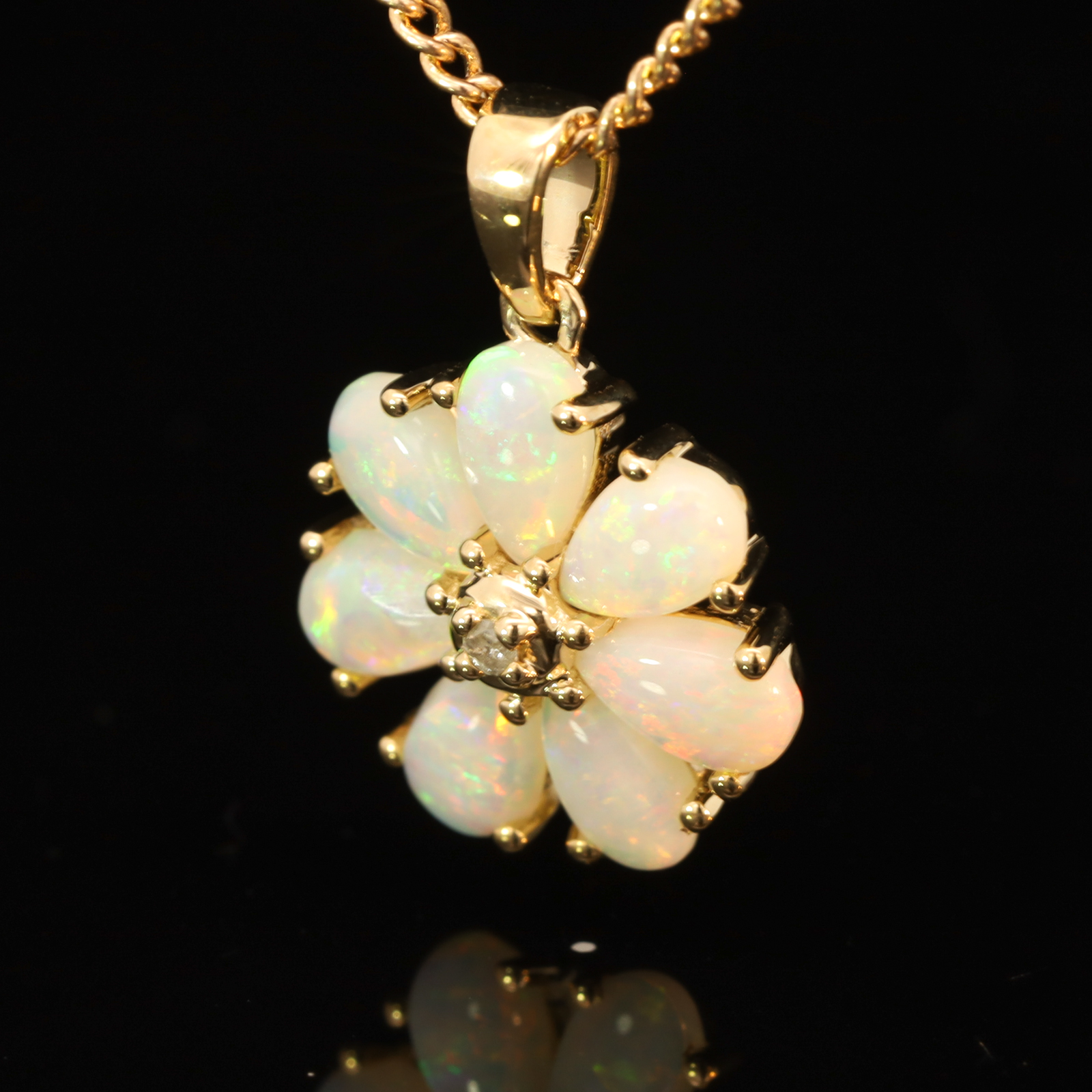 Yellow Gold Blue Green Yellow Orange Pink Crystal Opal and Diamond Pendant