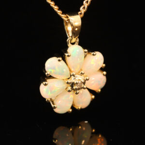 Yellow Gold Blue Green Yellow Orange Pink Crystal Opal and Diamond Pendant