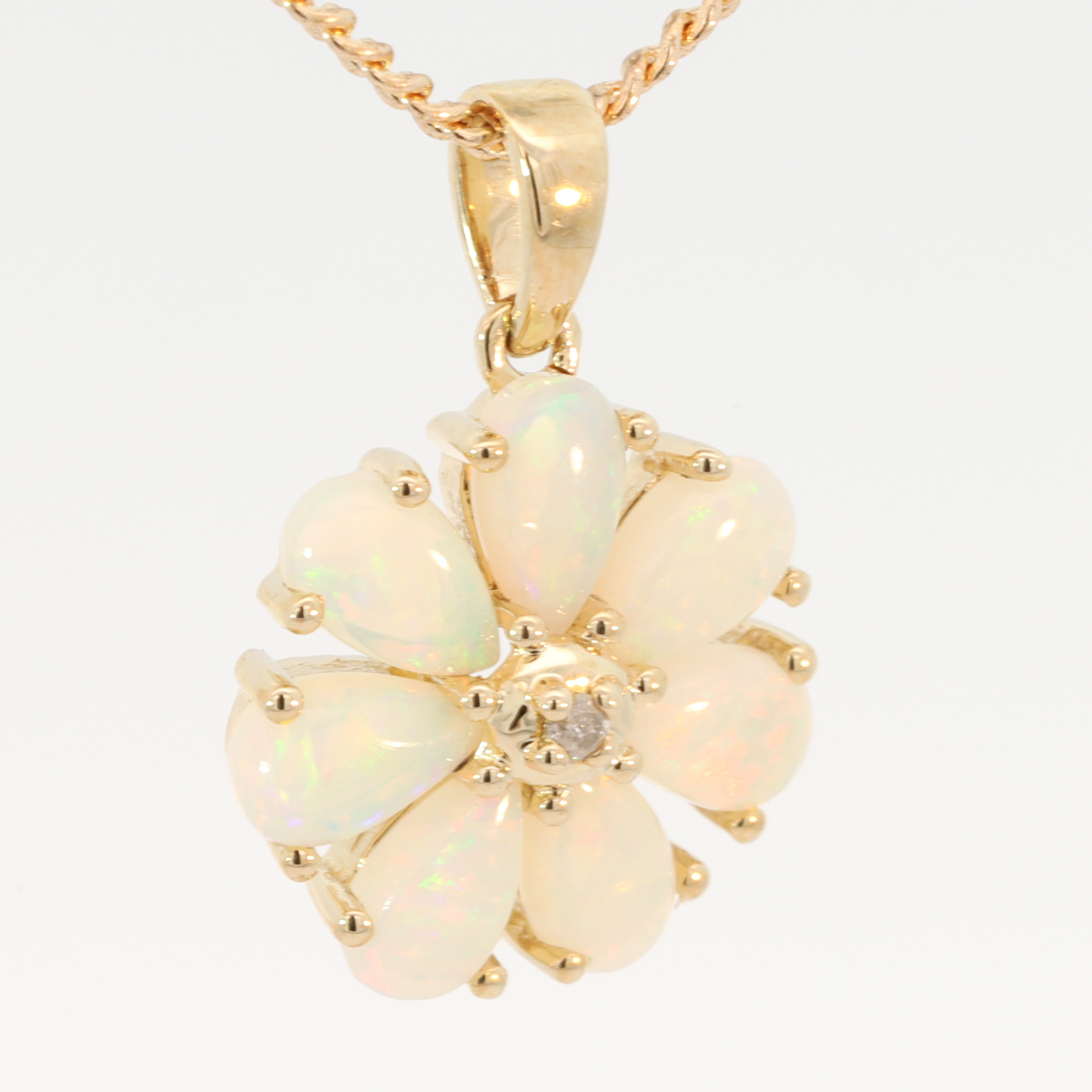 Yellow Gold Blue Green Yellow Orange Pink Crystal Opal and Diamond Pendant