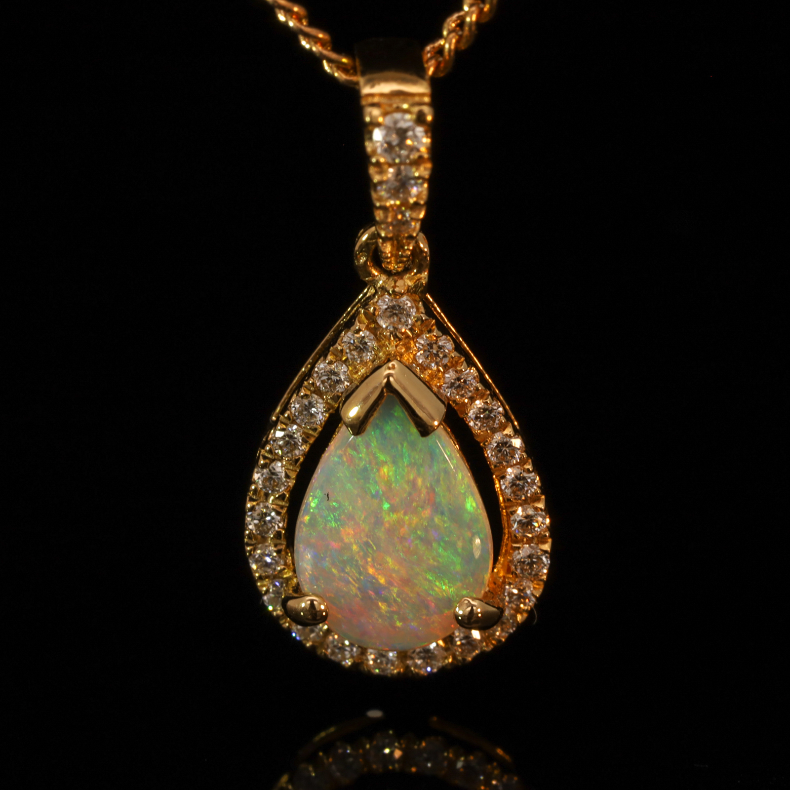 Yellow Gold Blue Green Yellow Orange Pink Crystal Opal and Diamond Pendant