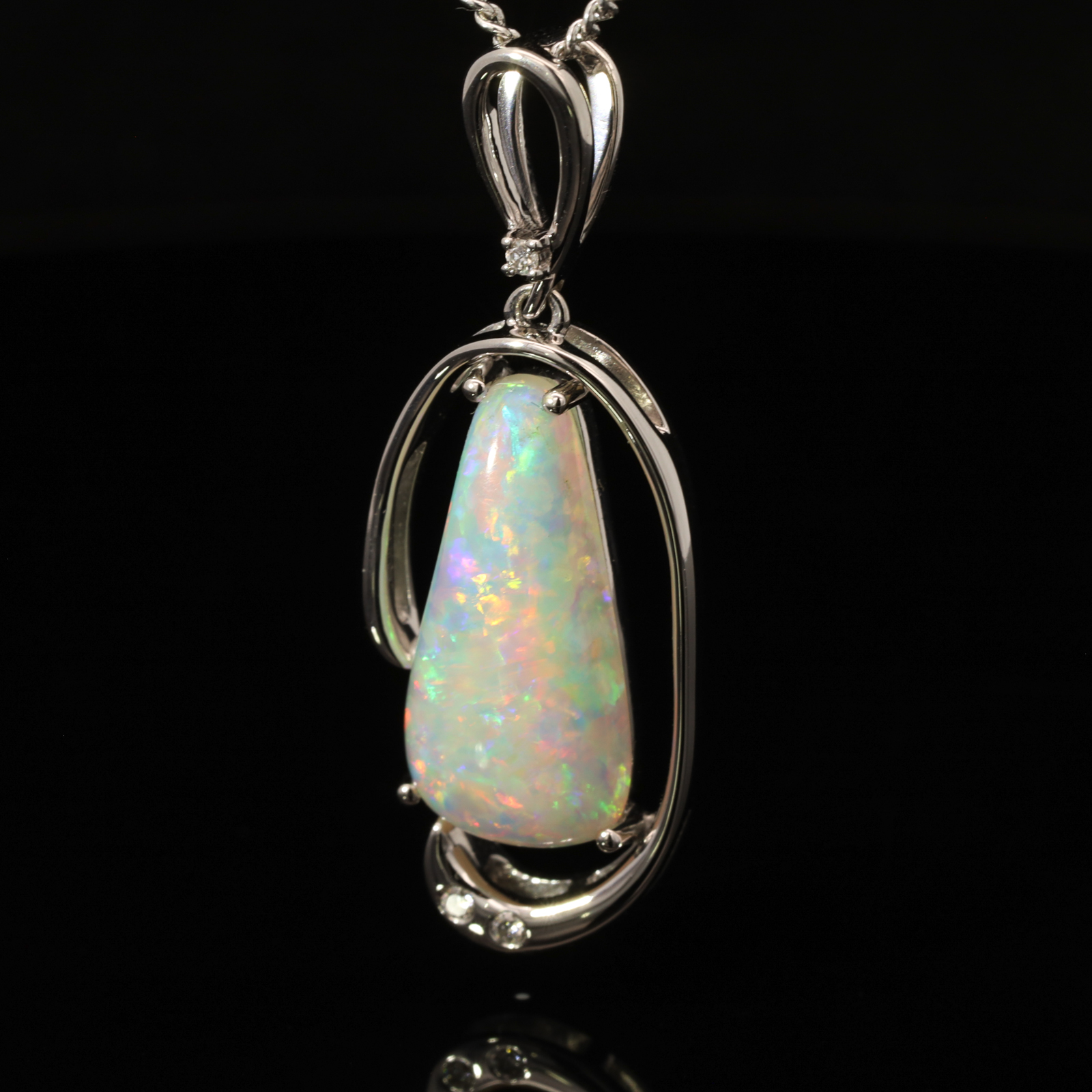 White Gold Blue Green Yellow Orange Red Crystal Opal and Diamond Pendant