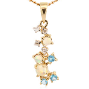 Yellow Gold Blue Green Yellow Orange Pink Crystal Opal Blue Topaz and Diamond Pendant