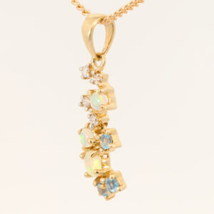 Yellow Gold Blue Green Yellow Orange Pink Crystal Opal Blue Topaz and Diamond Pendant