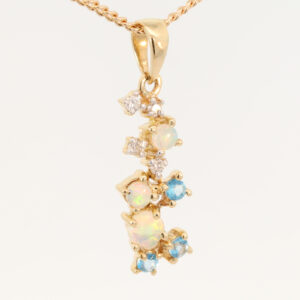Yellow Gold Blue Green Yellow Orange Pink Crystal Opal Blue Topaz and Diamond Pendant