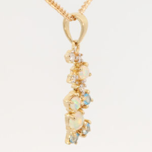 Yellow Gold Blue Green Yellow Orange Pink Crystal Opal Blue Topaz and Diamond Pendant