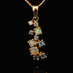 Yellow Gold Blue Green Yellow Orange Pink Crystal Opal Blue Topaz and Diamond Pendant