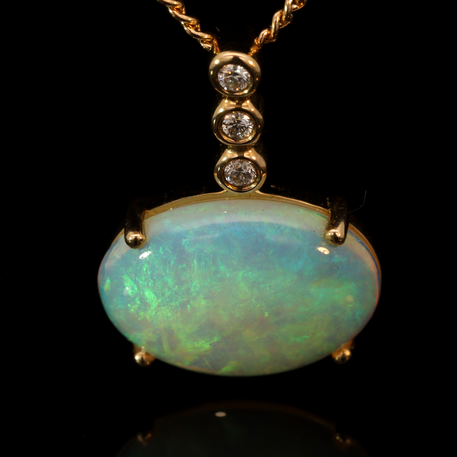 Yellow Gold Blue Green Yellow Orange Crystal Opal and Diamond Pendant