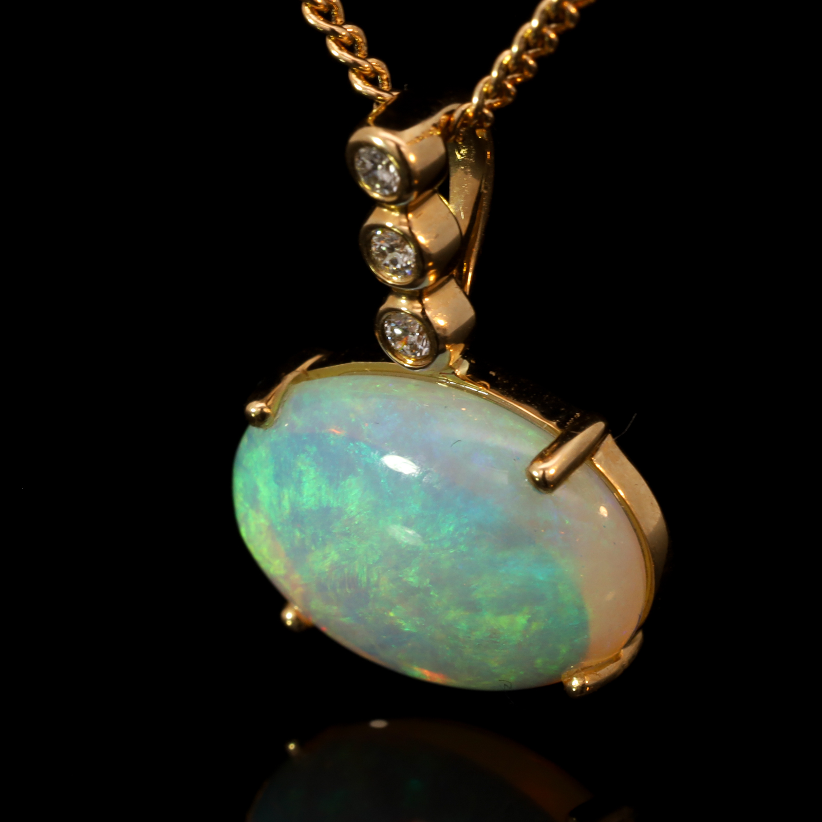 Yellow Gold Blue Green Yellow Orange Crystal Opal and Diamond Pendant