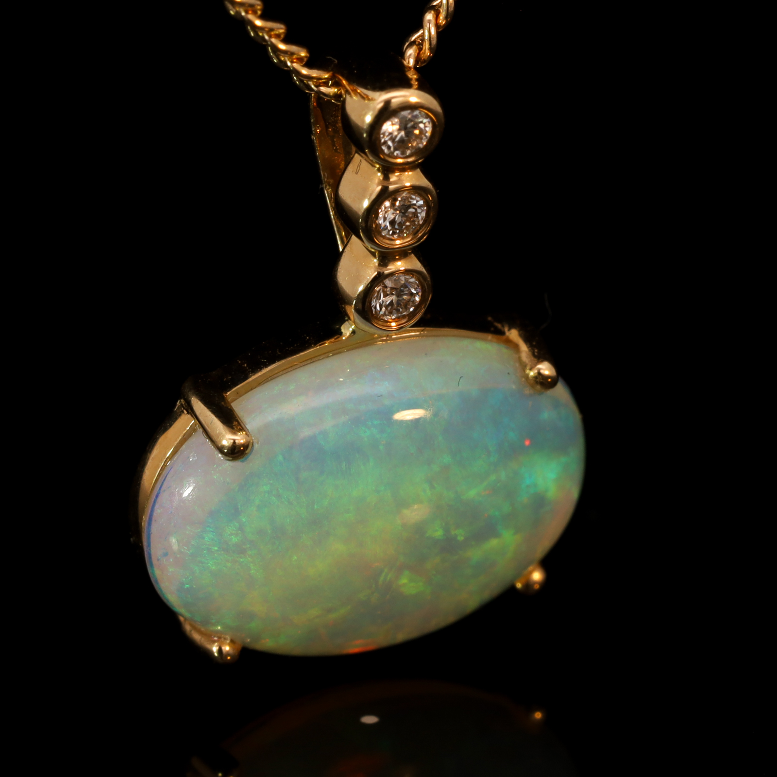 Yellow Gold Blue Green Yellow Orange Crystal Opal and Diamond Pendant