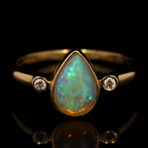 Yellow Gold Blue Green Crystal Opal and Diamond Ring