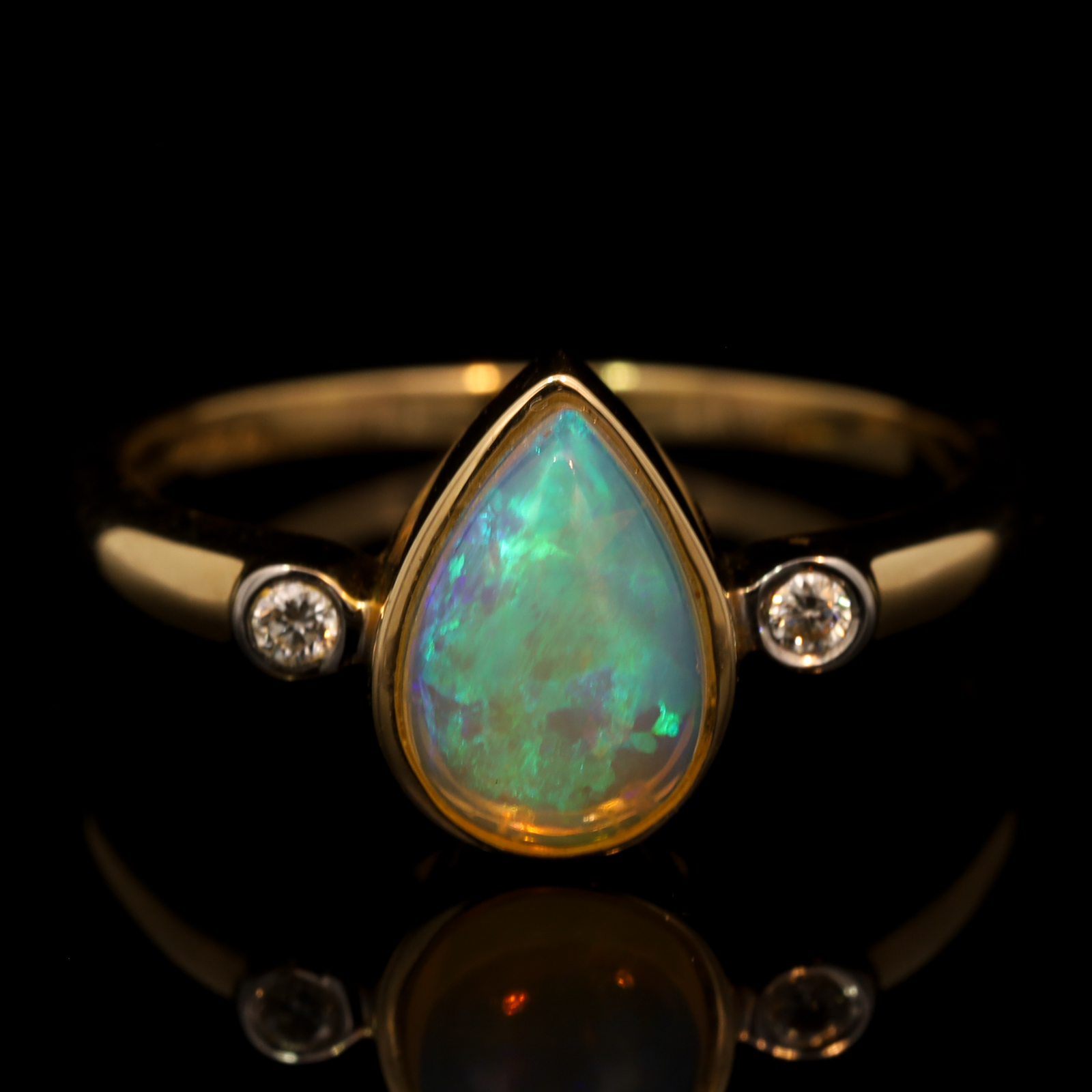 Yellow Gold Blue Green Crystal Opal and Diamond Ring