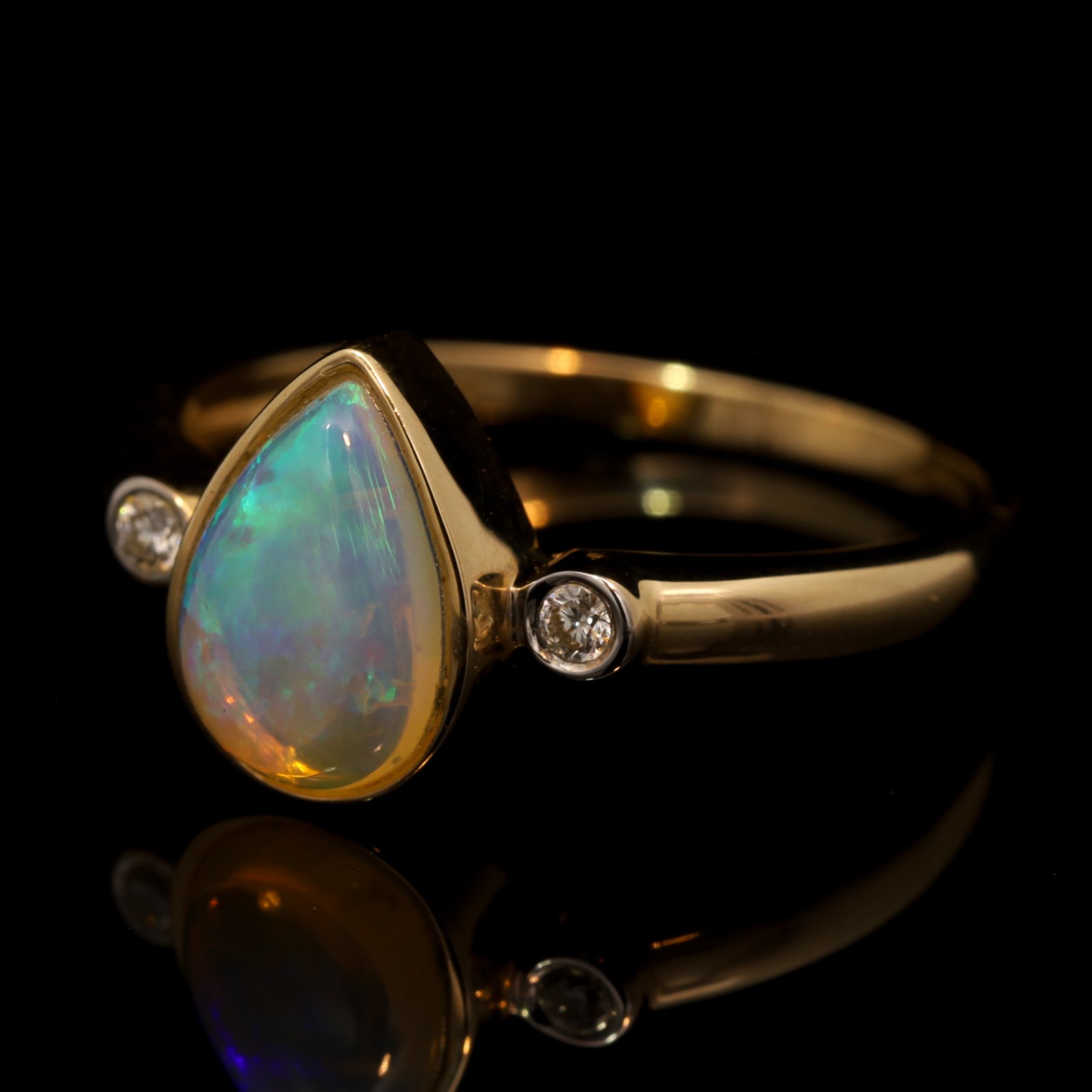 Yellow Gold Blue Green Crystal Opal and Diamond Ring