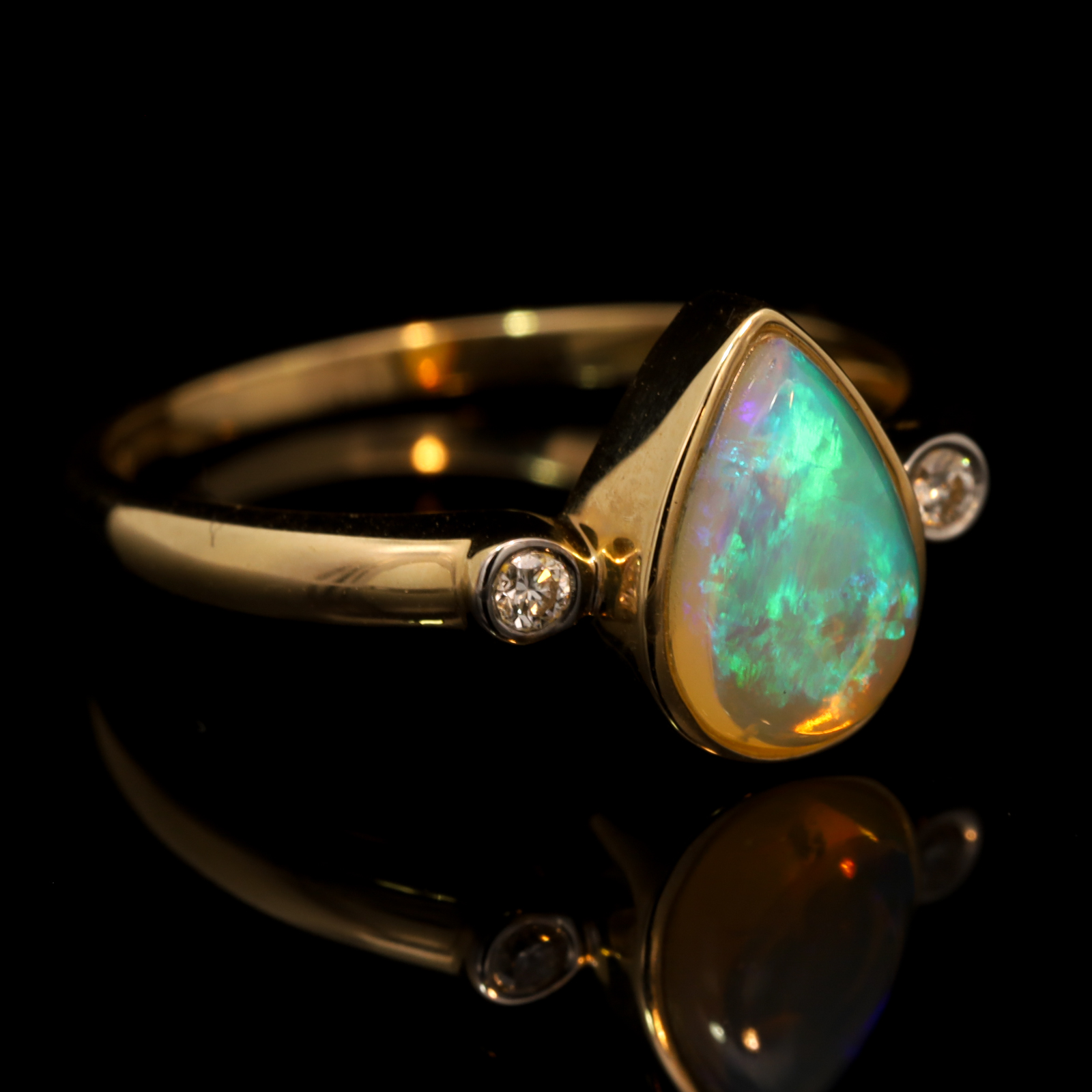 Yellow Gold Blue Green Crystal Opal and Diamond Ring