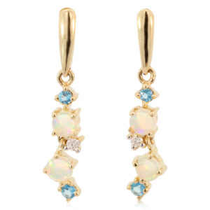 Yellow Gold Blue Green Yellow Orange Pink Crystal Opal Blue Topaz and Diamond Earrings