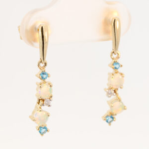 Yellow Gold Blue Green Yellow Orange Pink Crystal Opal Blue Topaz and Diamond Earrings