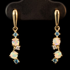 Yellow Gold Blue Green Yellow Orange Pink Crystal Opal Blue Topaz and Diamond Earrings