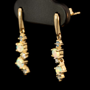 Yellow Gold Blue Green Yellow Orange Pink Crystal Opal Blue Topaz and Diamond Earrings