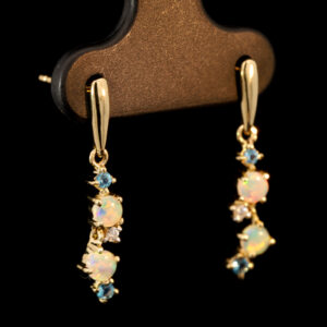 Yellow Gold Blue Green Yellow Orange Pink Crystal Opal Blue Topaz and Diamond Earrings