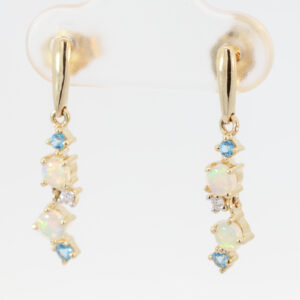 Yellow Gold Blue Green Yellow Orange Pink Crystal Opal Blue Topaz and Diamond Earrings