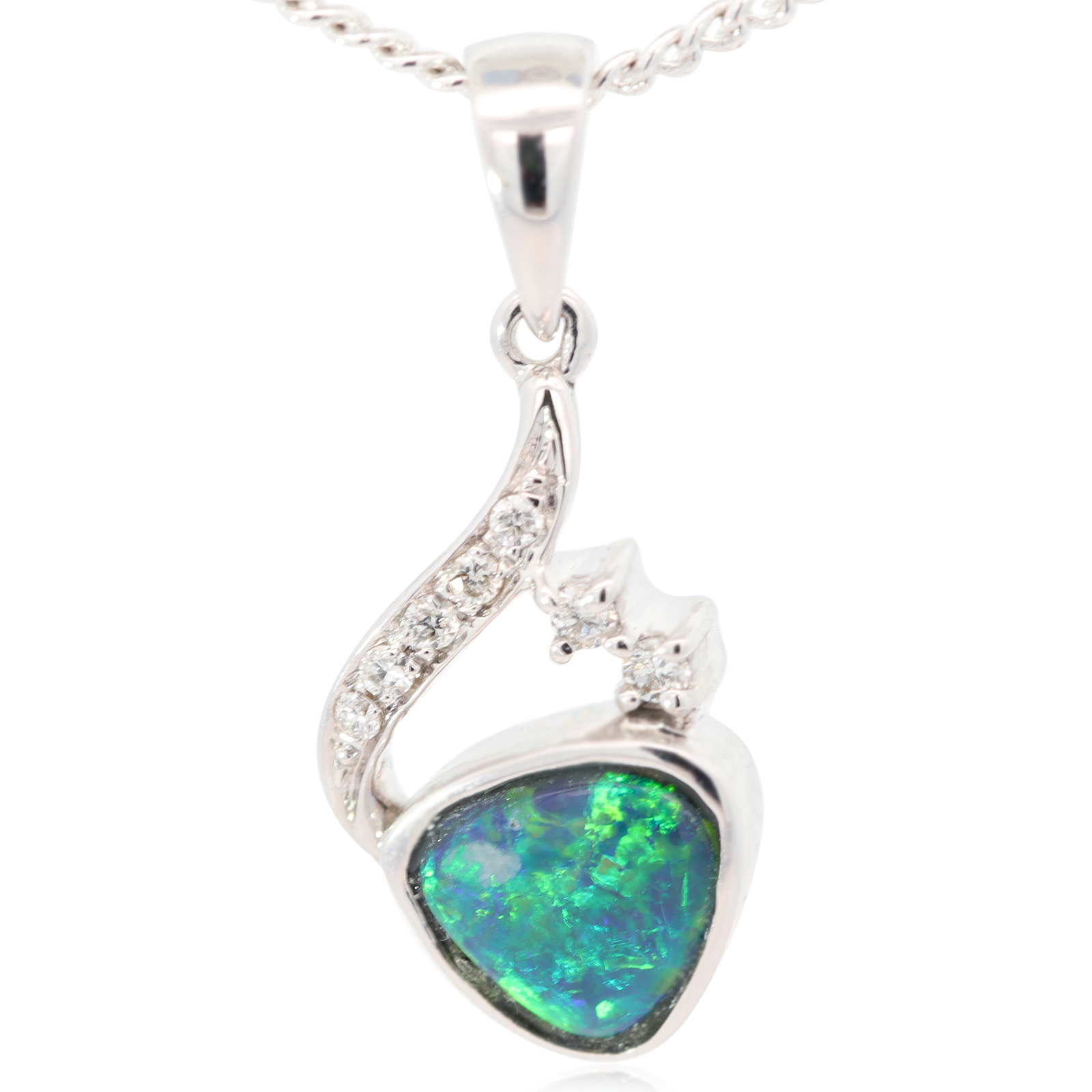 White Gold Blue Green Yellow Black Opal and Diamond Pendant