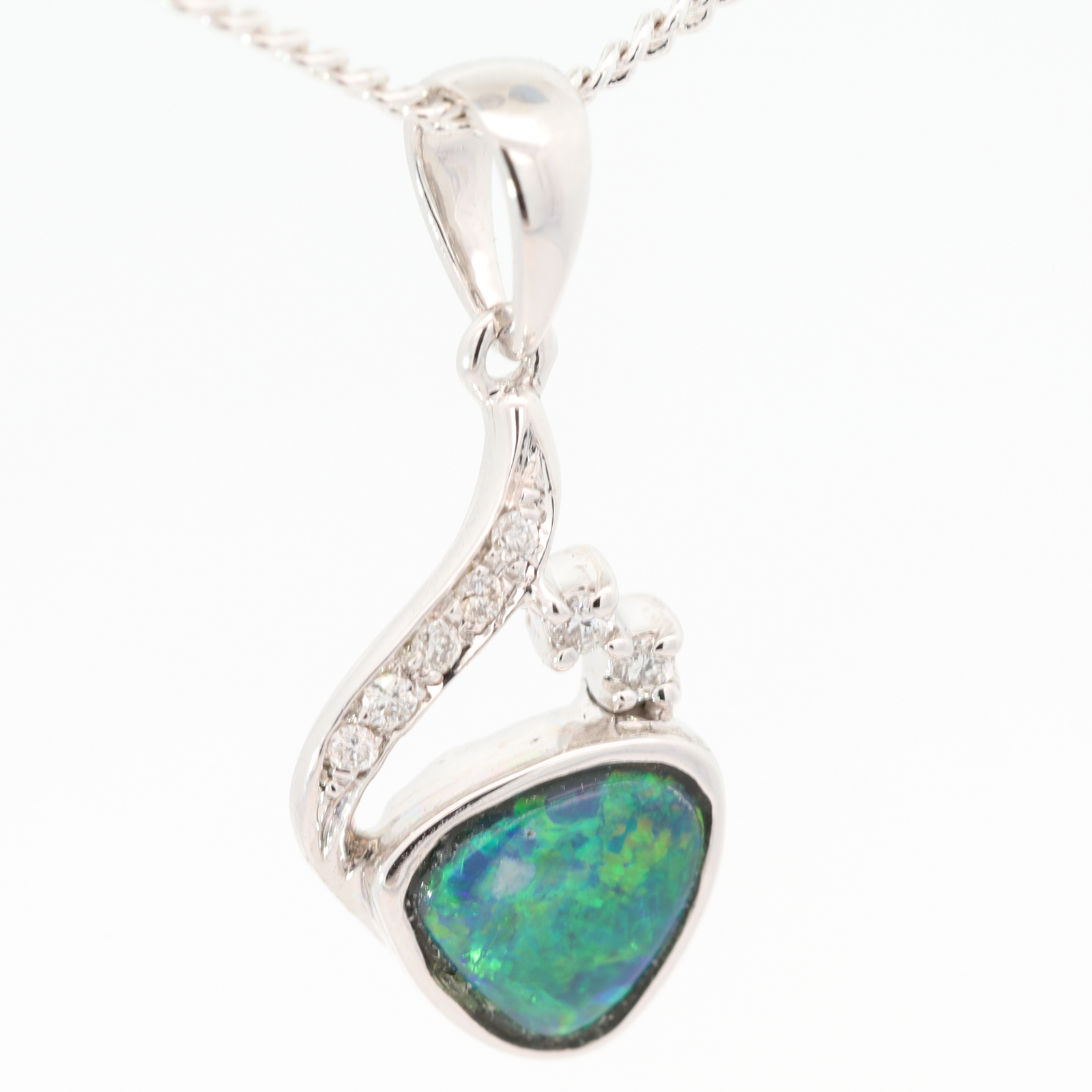 White Gold Blue Green Yellow Black Opal and Diamond Pendant