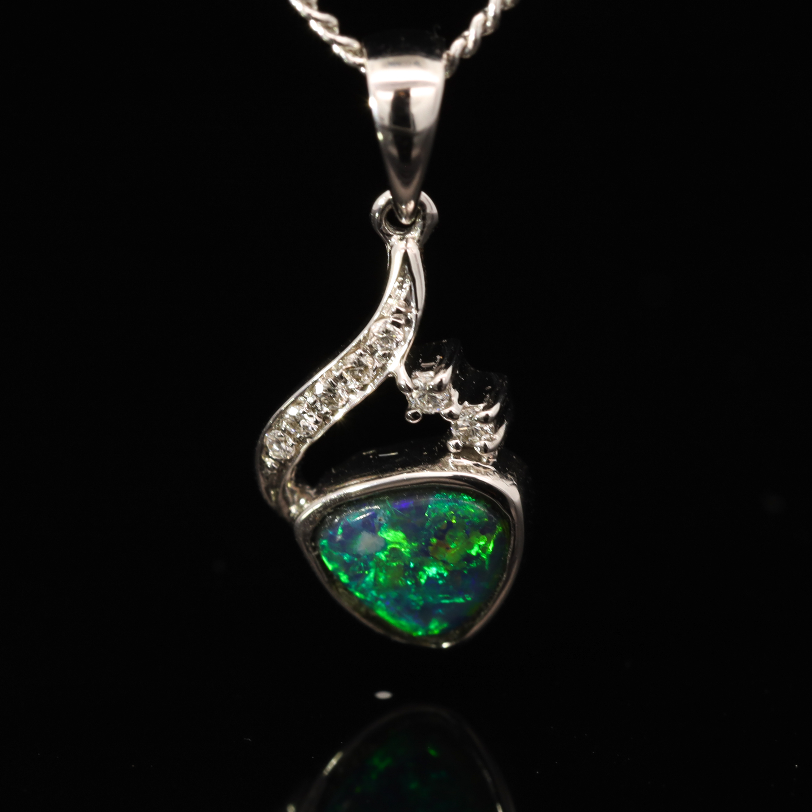 White Gold Blue Green Yellow Black Opal and Diamond Pendant
