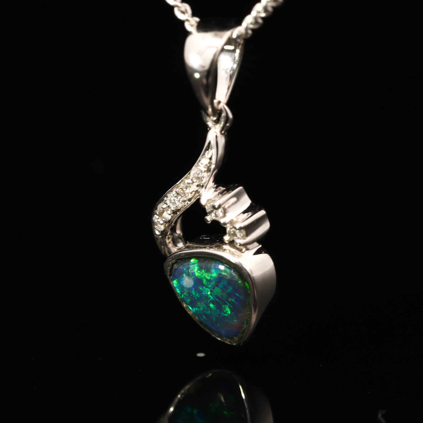 White Gold Blue Green Yellow Black Opal and Diamond Pendant