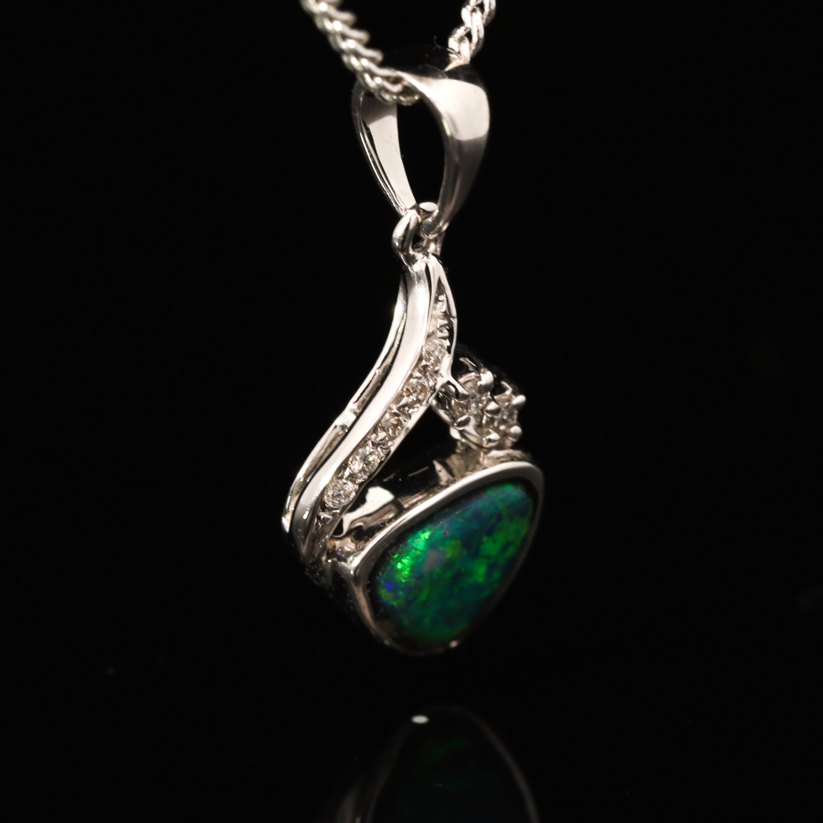 White Gold Blue Green Yellow Black Opal and Diamond Pendant