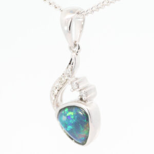 White Gold Blue Green Yellow Black Opal and Diamond Pendant