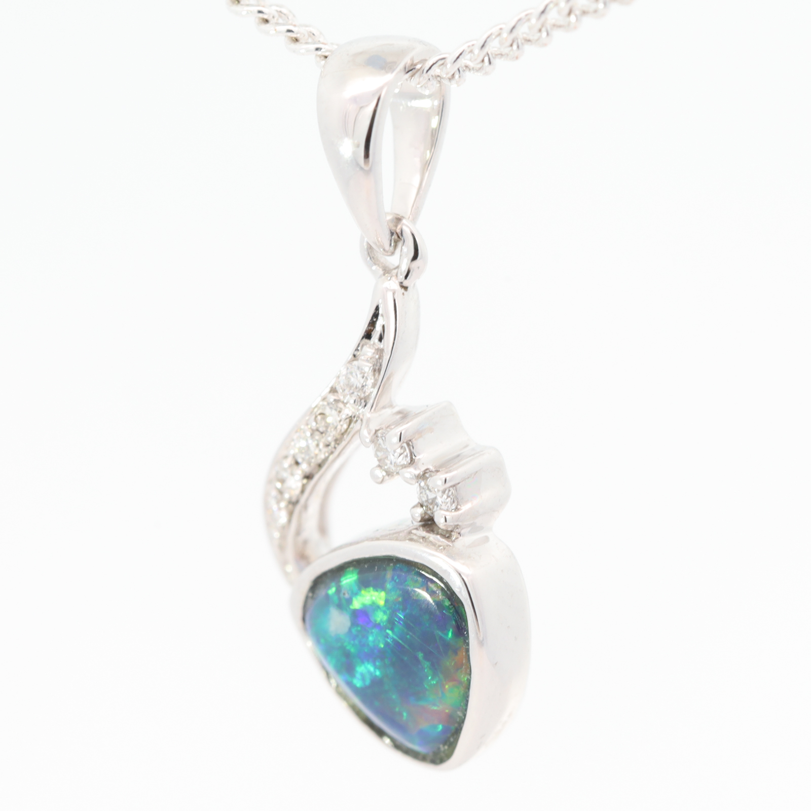 White Gold Blue Green Yellow Black Opal and Diamond Pendant