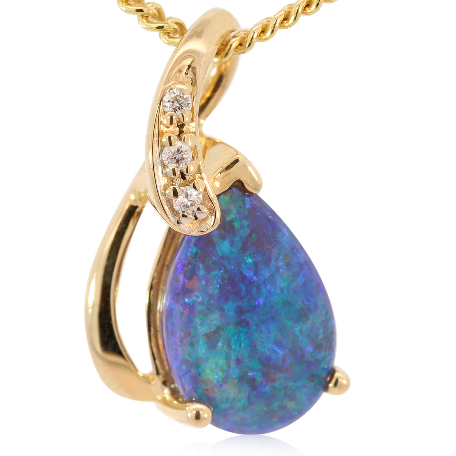 Yellow Gold Blue Green Black Opal and Diamond Pendant
