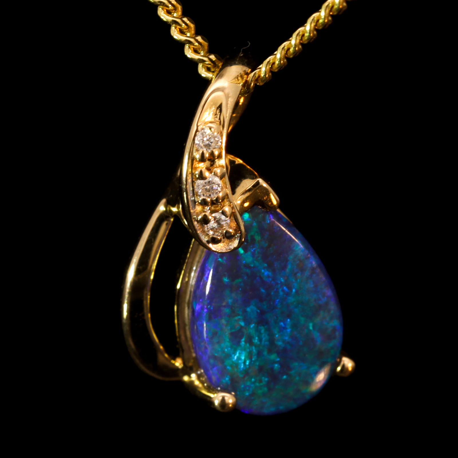 Yellow Gold Blue Green Black Opal and Diamond Pendant