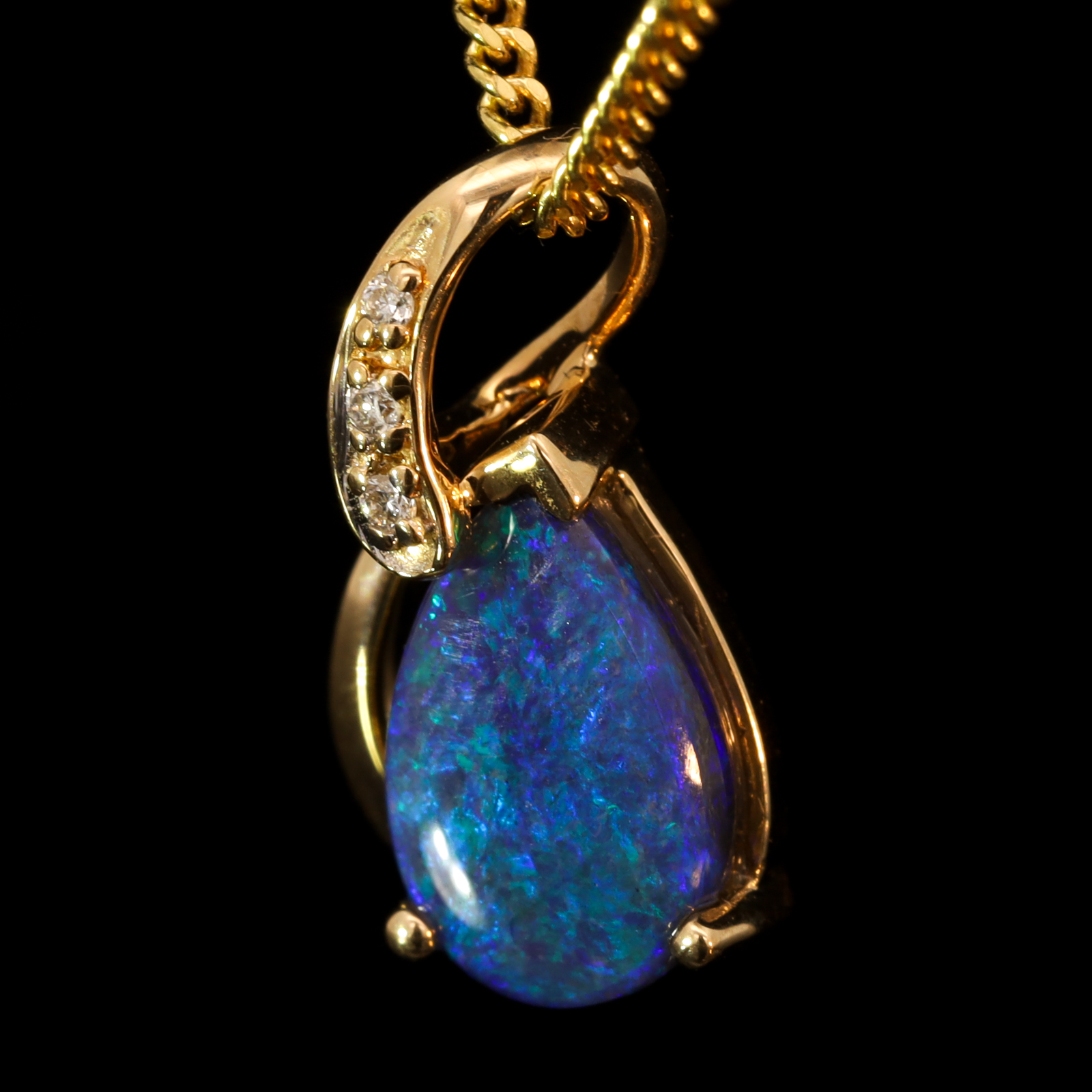 Yellow Gold Blue Green Black Opal and Diamond Pendant