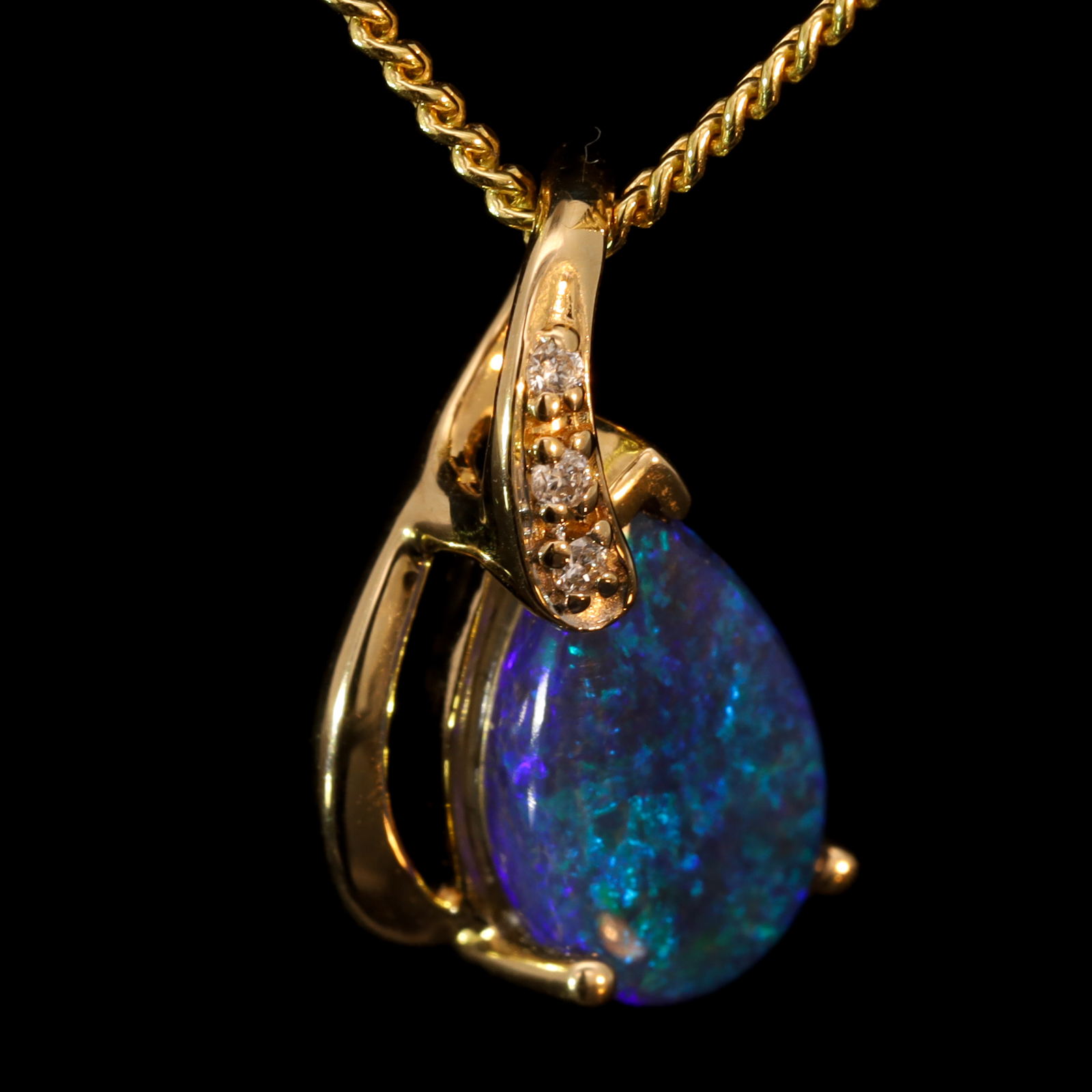 Yellow Gold Blue Green Black Opal and Diamond Pendant