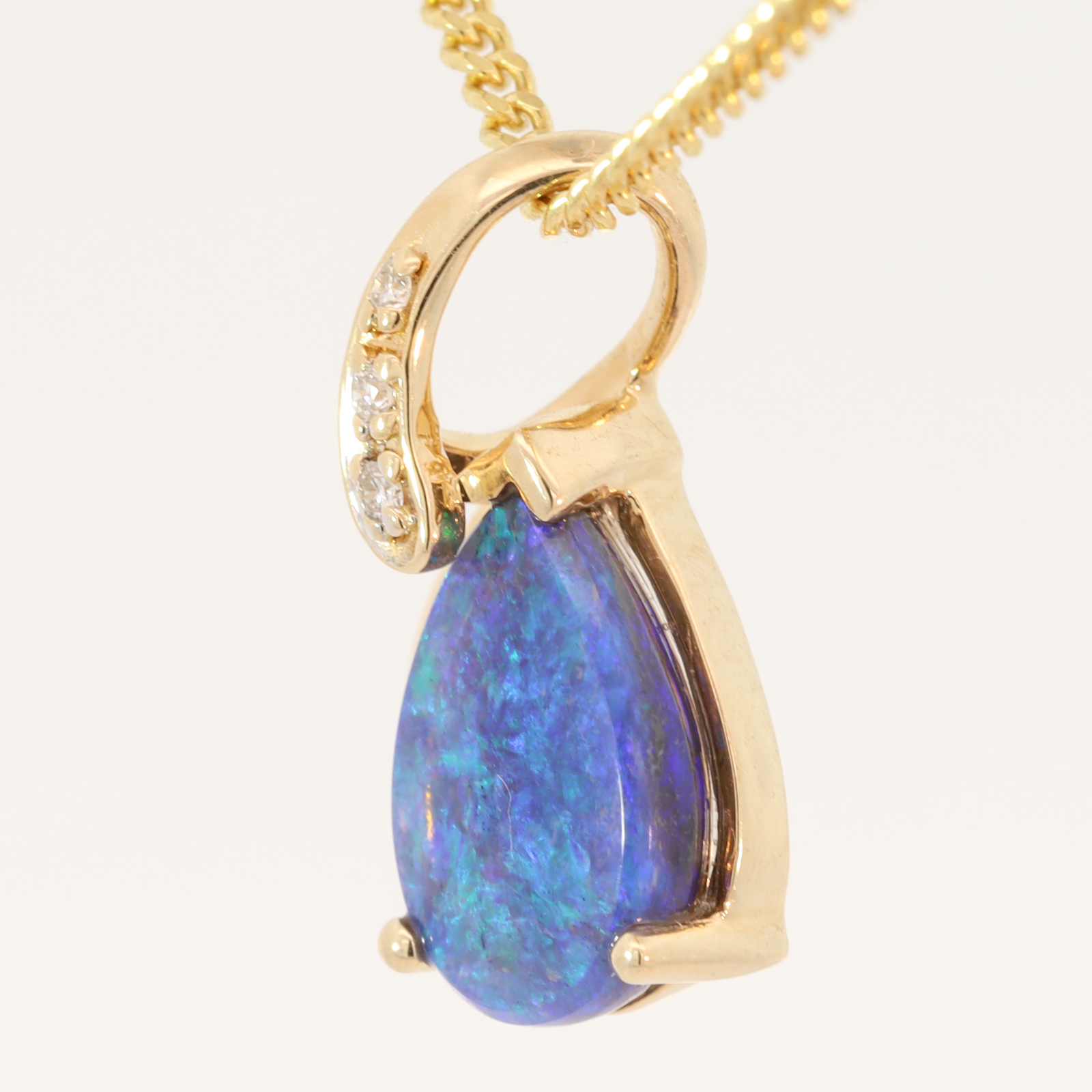 Yellow Gold Blue Green Black Opal and Diamond Pendant