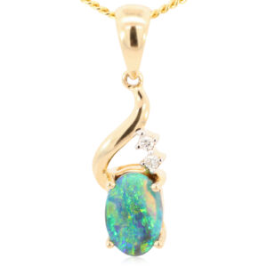 Yellow Gold Blue Green Yellow Black Opal and Diamond Pendant