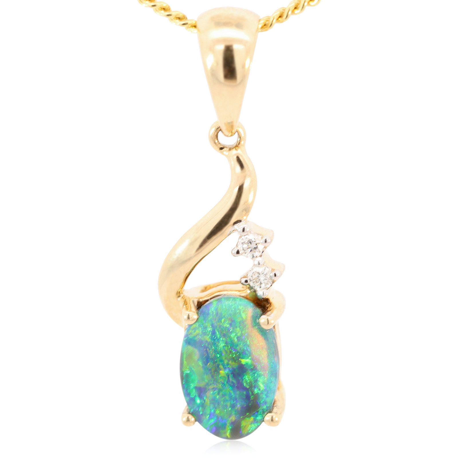 Yellow Gold Blue Green Yellow Black Opal and Diamond Pendant