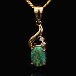 Yellow Gold Blue Green Yellow Black Opal and Diamond Pendant
