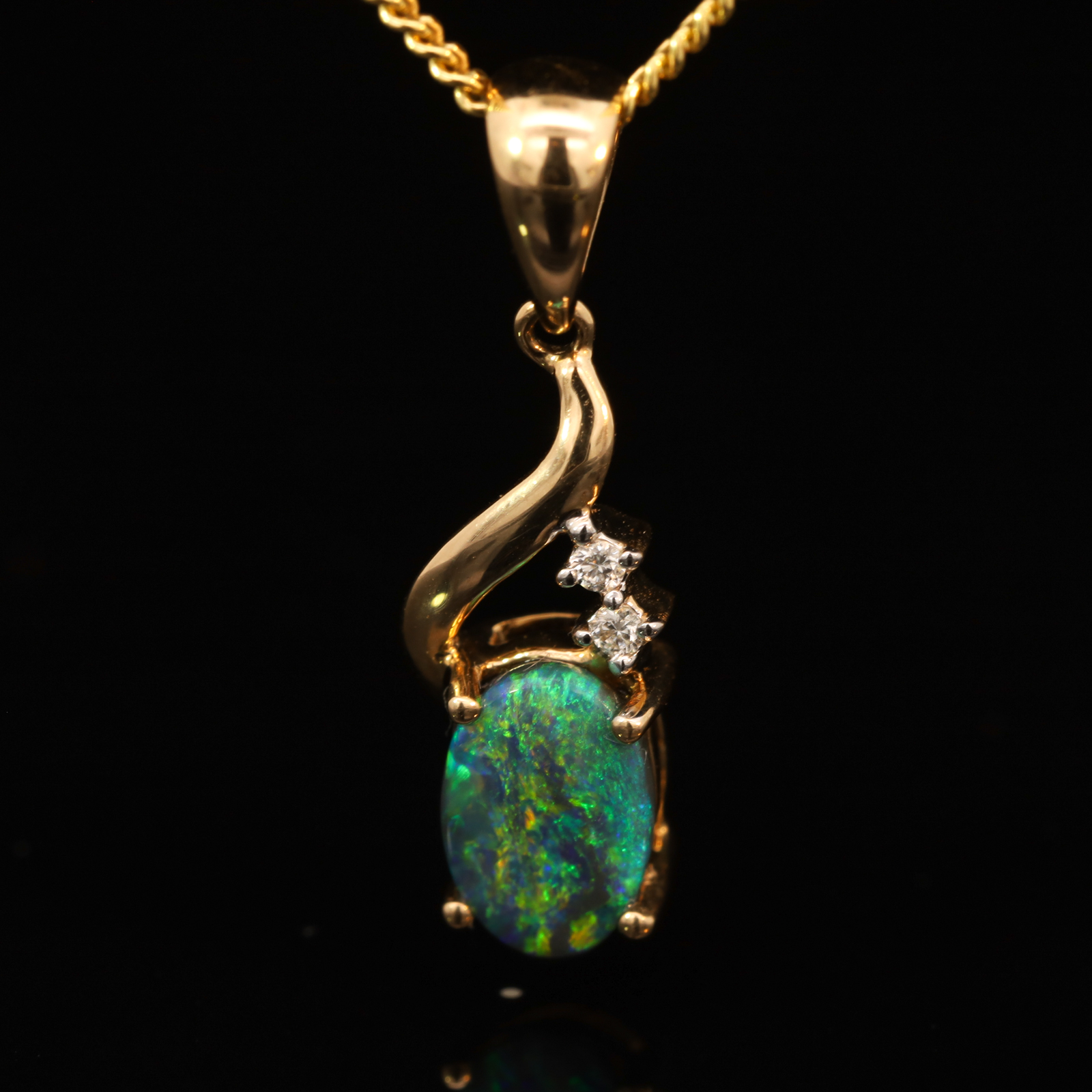Yellow Gold Blue Green Yellow Black Opal and Diamond Pendant
