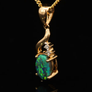 Yellow Gold Blue Green Yellow Black Opal and Diamond Pendant