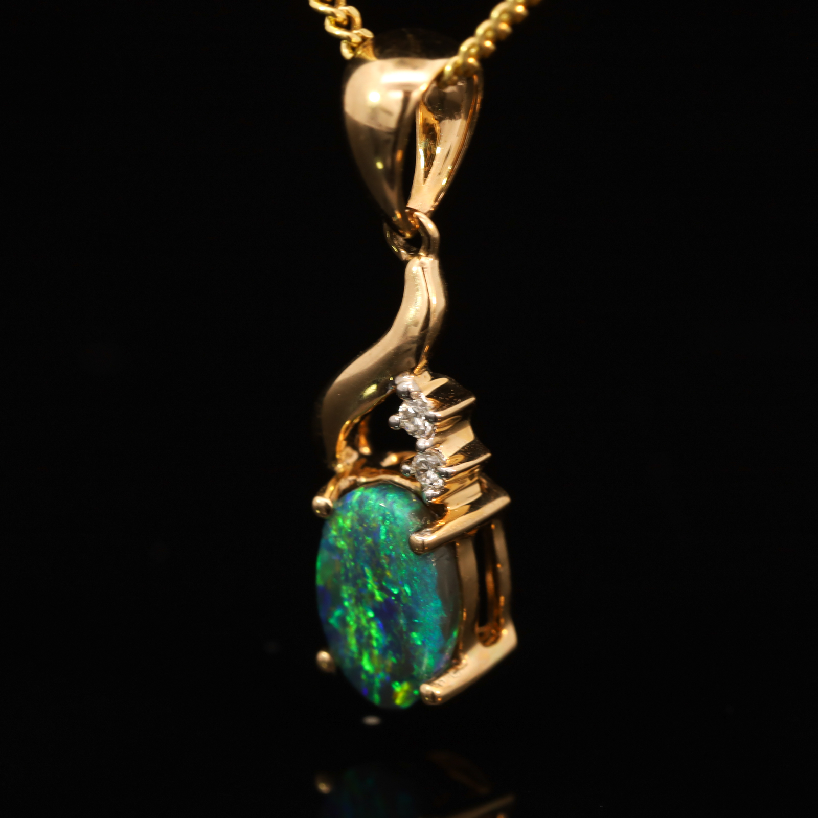 Yellow Gold Blue Green Yellow Black Opal and Diamond Pendant