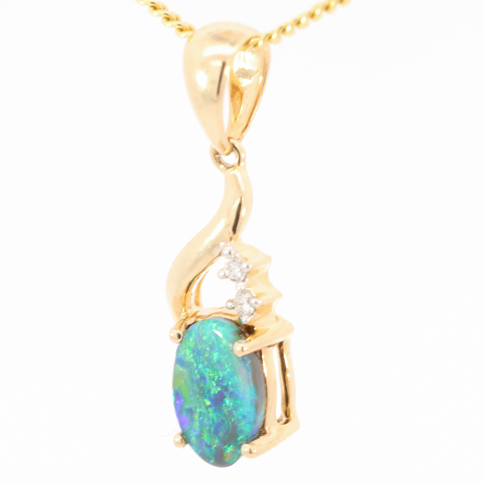 Yellow Gold Blue Green Yellow Black Opal and Diamond Pendant