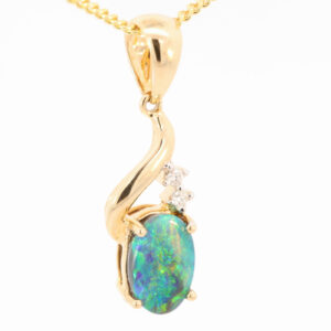 Yellow Gold Blue Green Yellow Black Opal and Diamond Pendant