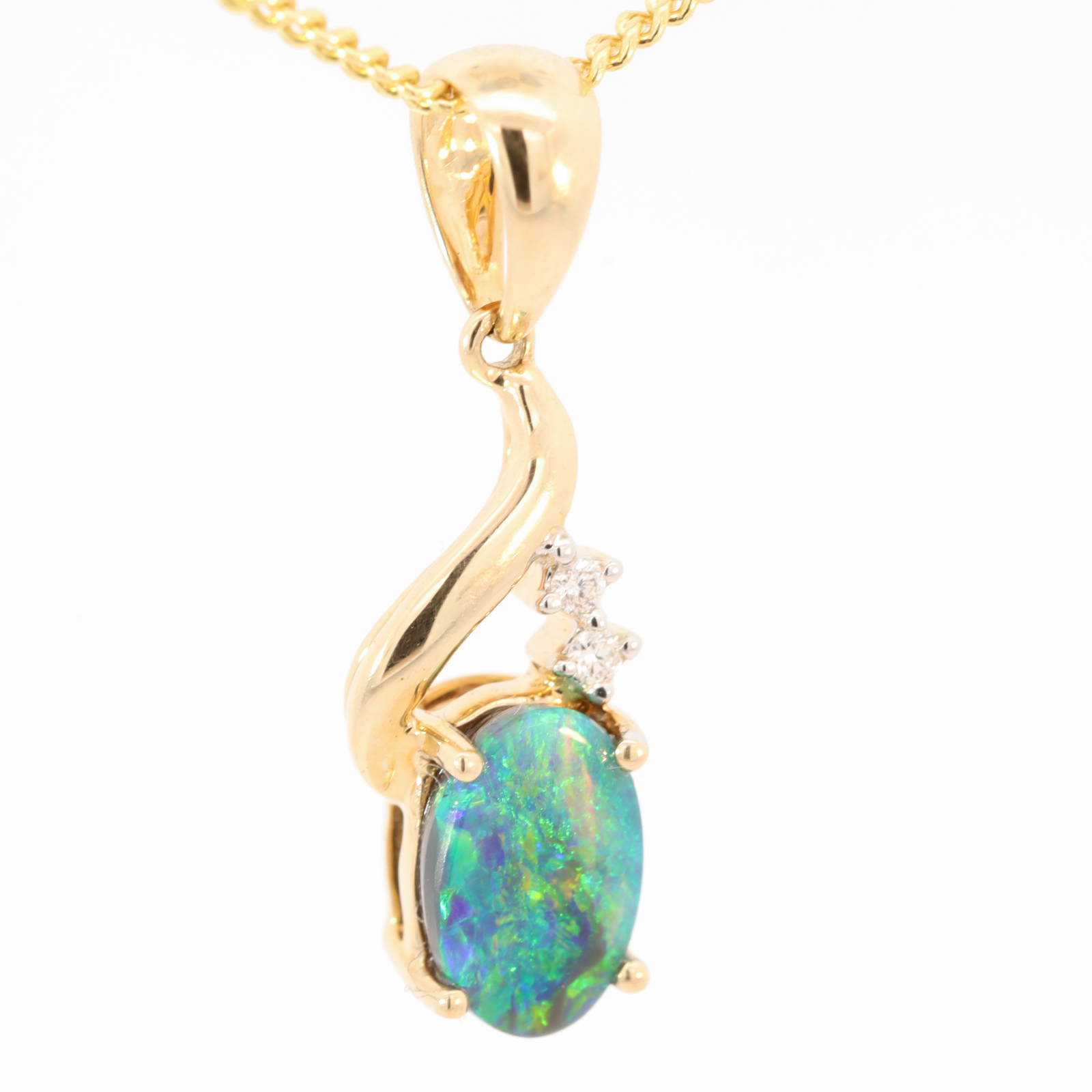 Yellow Gold Blue Green Yellow Black Opal and Diamond Pendant