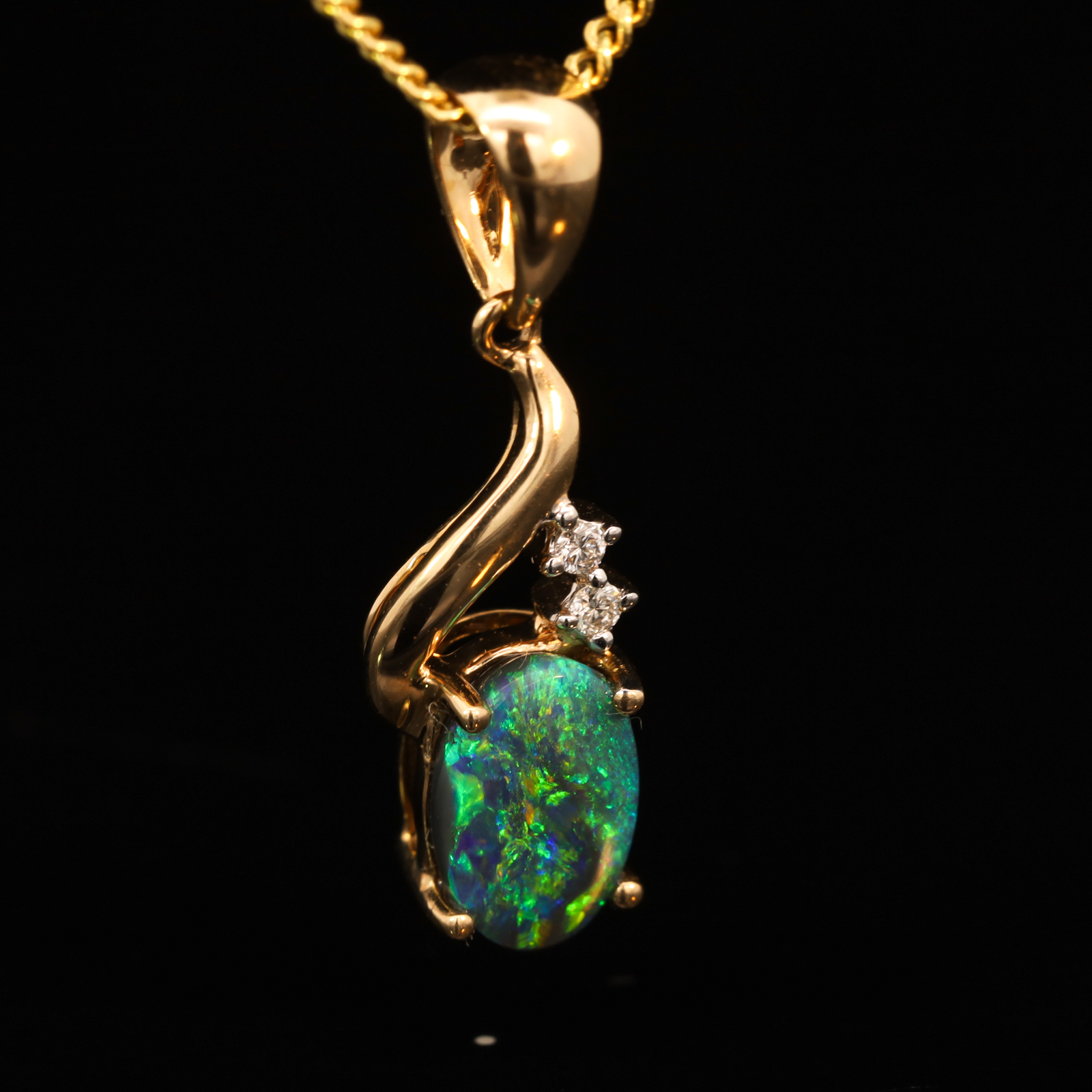 Yellow Gold Blue Green Yellow Black Opal and Diamond Pendant