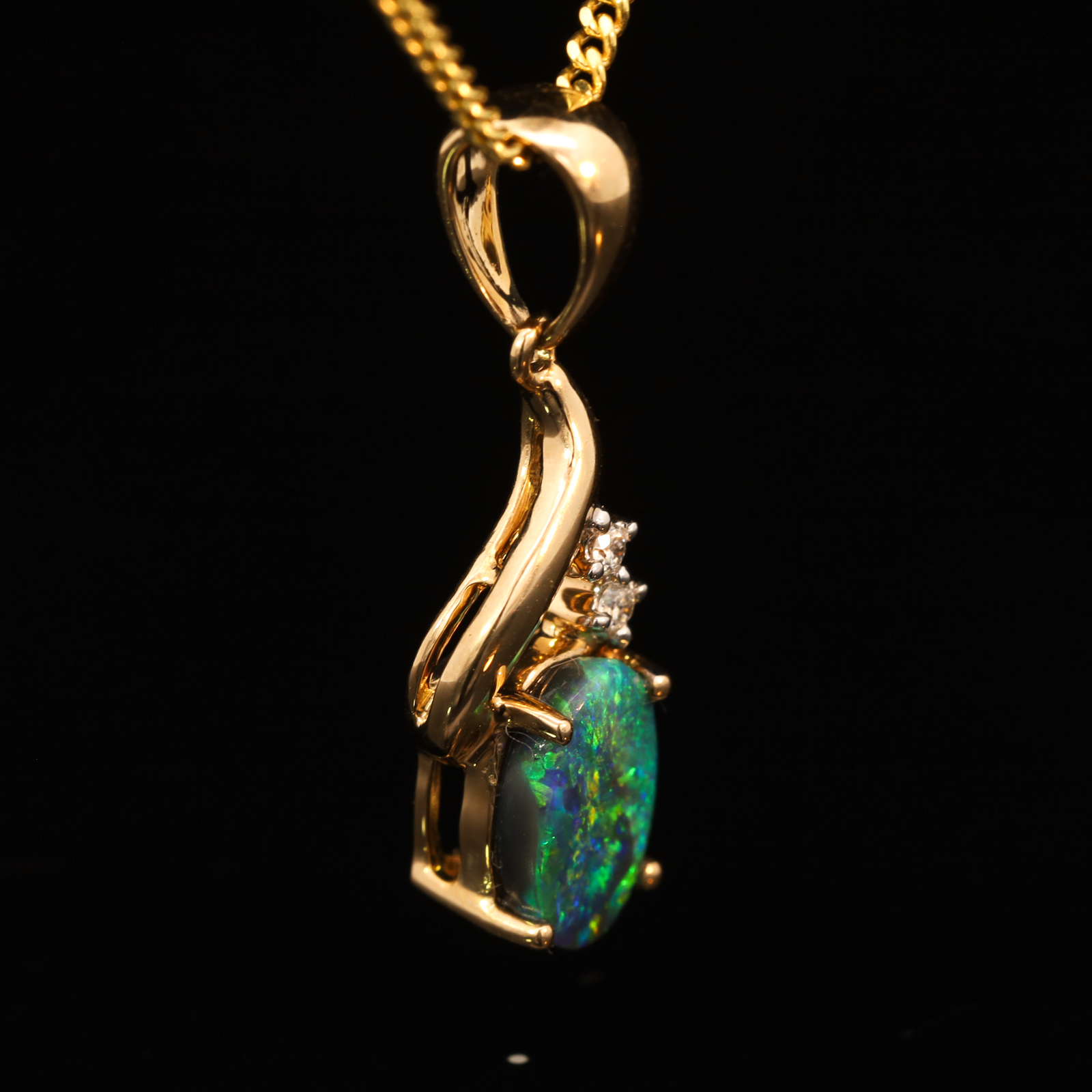 Yellow Gold Blue Green Yellow Black Opal and Diamond Pendant