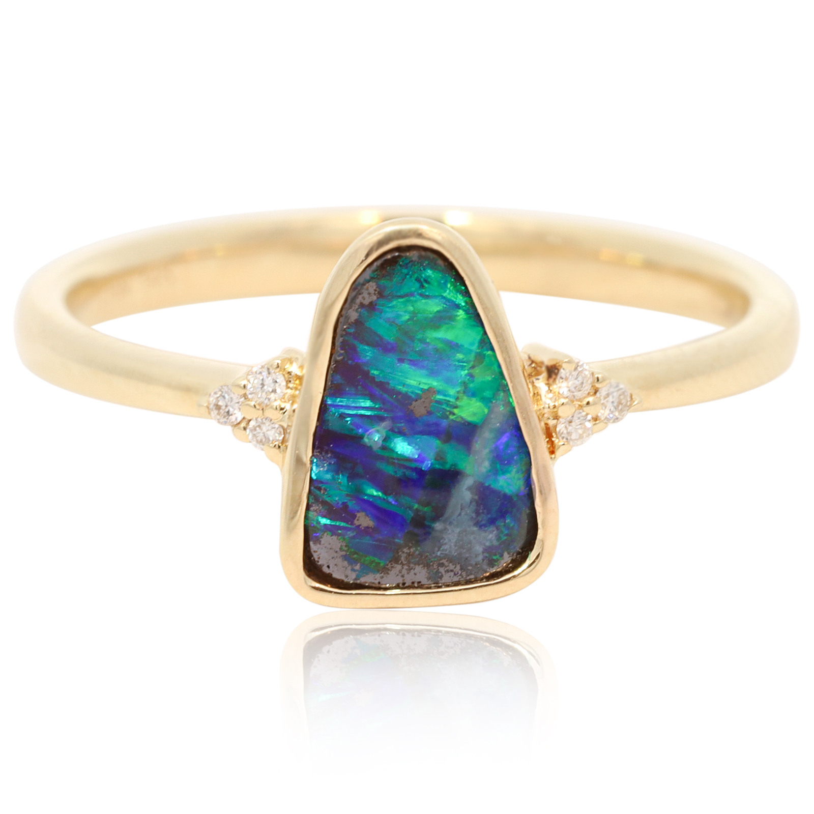 Yellow Gold Blue Green Boulder Opal and Diamond Ring