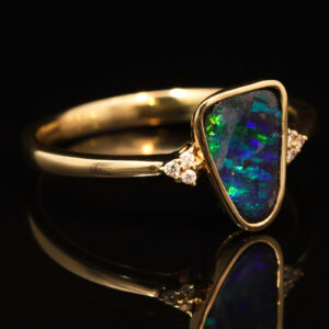 Yellow Gold Blue Green Boulder Opal and Diamond Ring