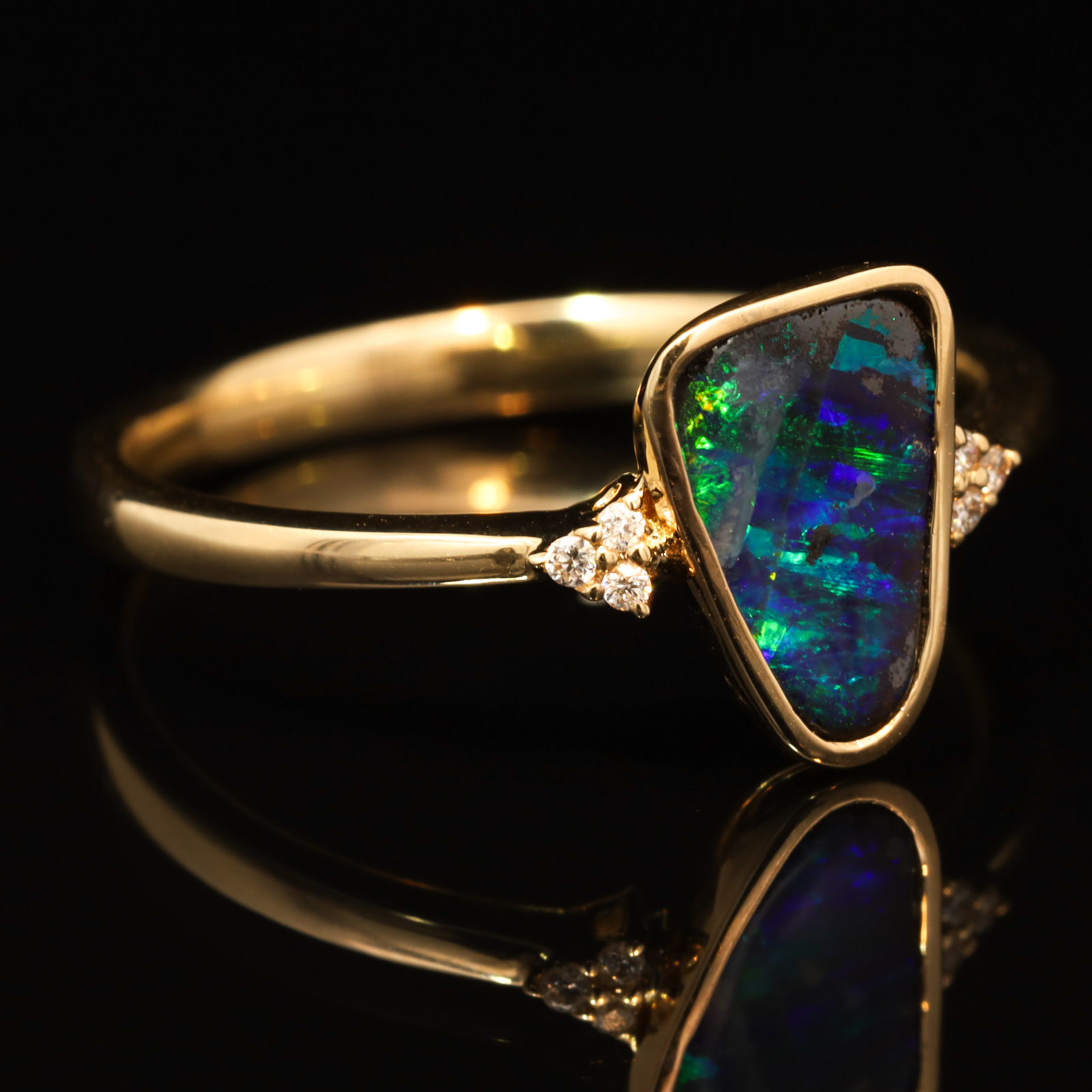 Yellow Gold Blue Green Boulder Opal and Diamond Ring