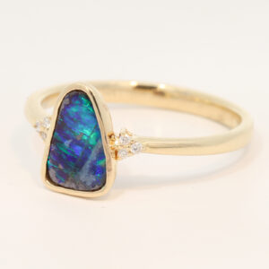 Yellow Gold Blue Green Boulder Opal and Diamond Ring